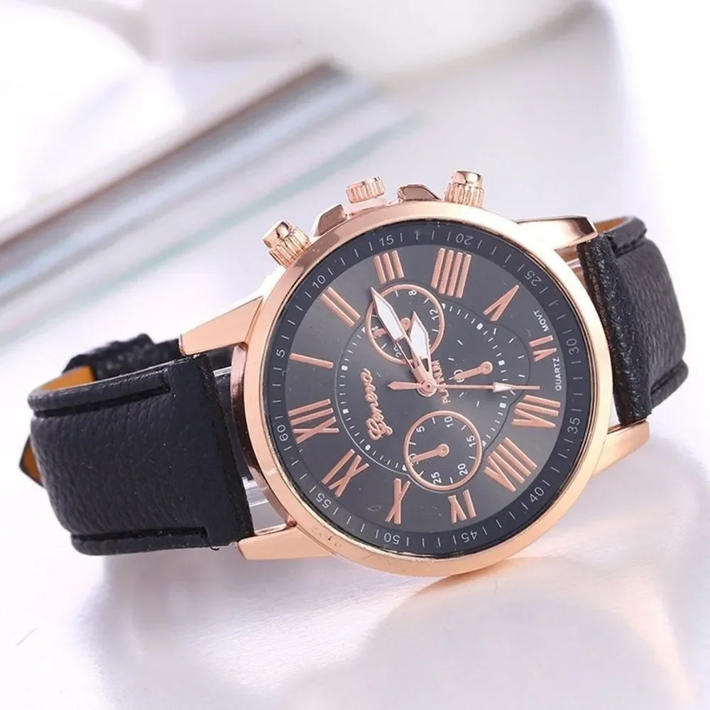 GENEVA Watch Faux Black Leather Band